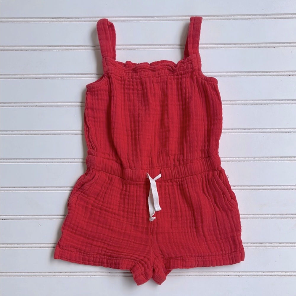 PRIMARY 100% Cotton Red Muslin Elastic Drawstring Waist Romper